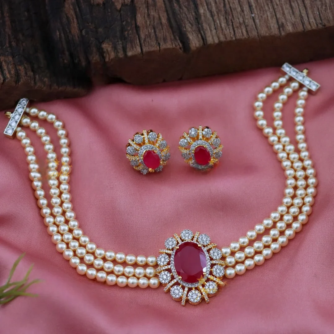 Exquisite Pearl & Diamond Choker Necklace Set